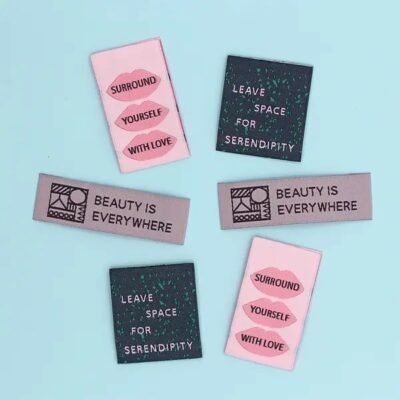 Multipack of With Love, Leave Space For Serendipity, Beauty is Everywhere colourful labels made and designed in Melbourne Australia