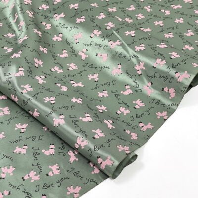 Silky pure rayon lining with pink poodle dog print, I love you script, on green background