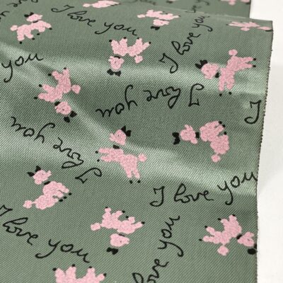 Silky pure rayon lining with pink poodle dog print, I love you script, on green background